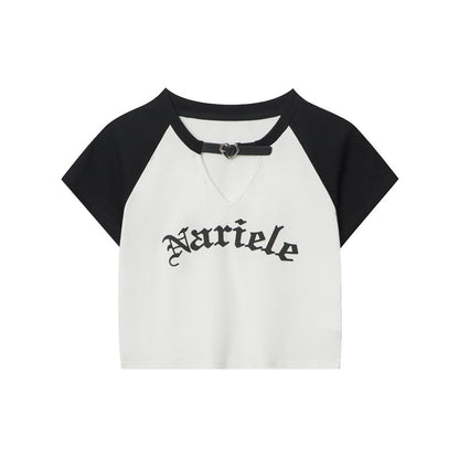 HeyHenry European and American Spice Girls Fashion Hollow Design Letter Print Contrast Color Short-sleeved T-shirt Women's Navel Top