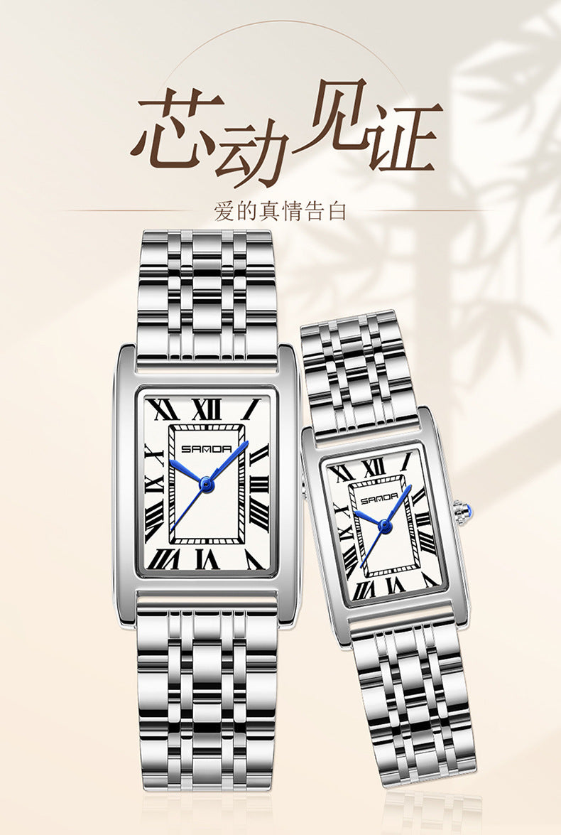 Sanda Live Hot Couple Watch Vintage Square Quartz Watch Waterproof Roman Scale Men's and Women's Watches
