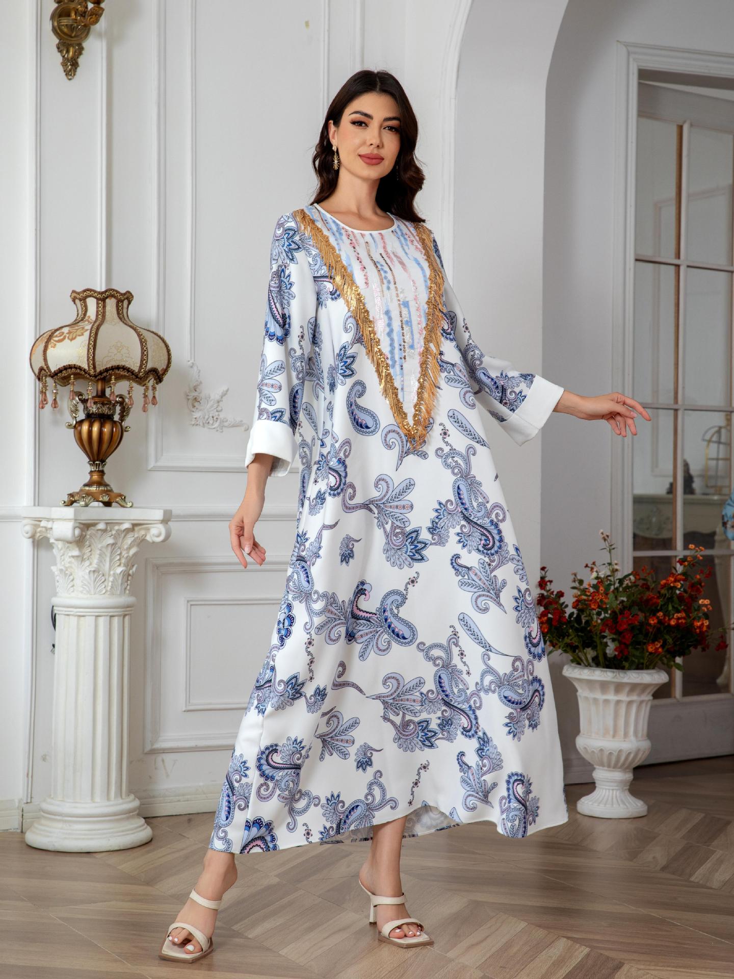 Sw0821 Amazon Women's Printed Robe Evening Dress European and American Cross-Border Dress Wholesale Long