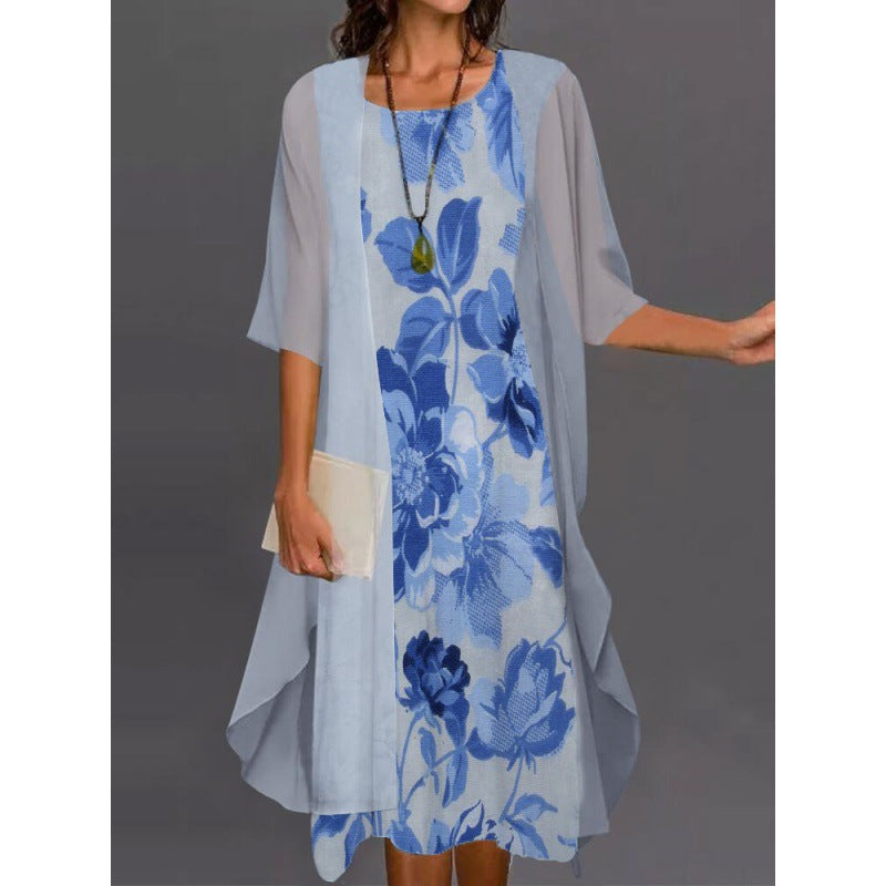 2024 European and American Amazon Summer Women's Casual dress Two-Piece Flower-Print Round Neck Slim-Fit Dress Women