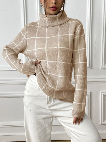 Contrast Color Mesh Woven Shirt Women's Pullover Top Cross-border European and American Women's Fashion Base Shirt Turtleneck Sweater