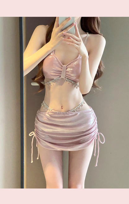 2025 New Bikini Swimsuit Female Sexy Three-Piece Set Rhinestone High-End Split Seaside Resort Hot Spring Swimsuit