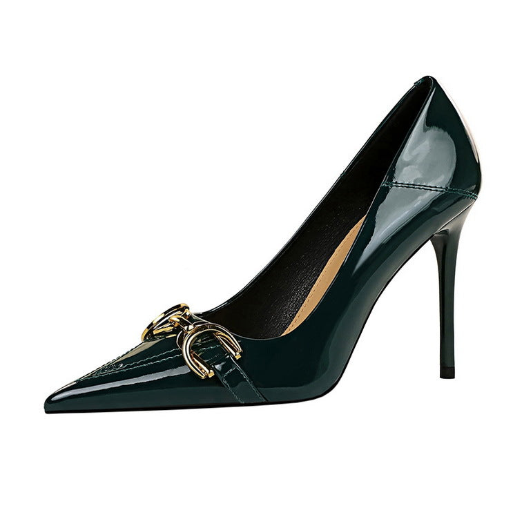 Luxury Women Pumps Metal Belt Buckle High Heels Patent Leather Women Heels Stilettos Career OL Office Shoes Plus Size 41 42 43