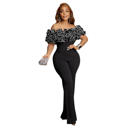 C8593 Cross-border Women's 2024 New Shoulder Collar Ruffled Sexy High Waist Solid Color African jumpsuit