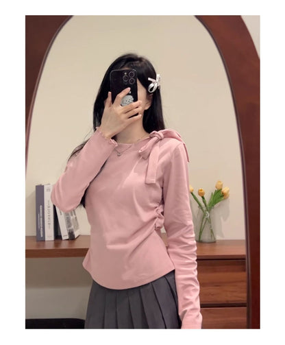 Bow Strap Long-sleeved Korean Style Chic Autumn and Winter New Top Sweet Pure Style Tight Waist Slim Fit Pleated Top