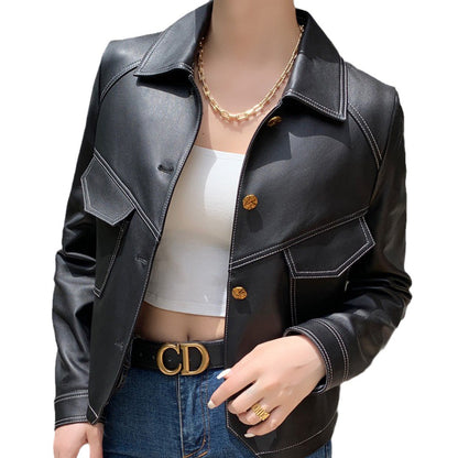 Haining Spring and Autumn New Leather Jacket Single Lined Leather Jacket Women's Short Slim Motorcycle Women's Short Leather Jacket C2707