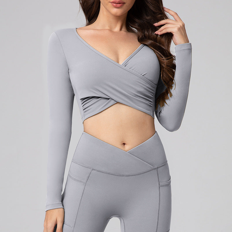 Feiyue European and American Sexy Cross Deep V Short Leaky Waist Solid Color Fitness Sports Leisure Long Sleeve Yoga Clothes Top for Women