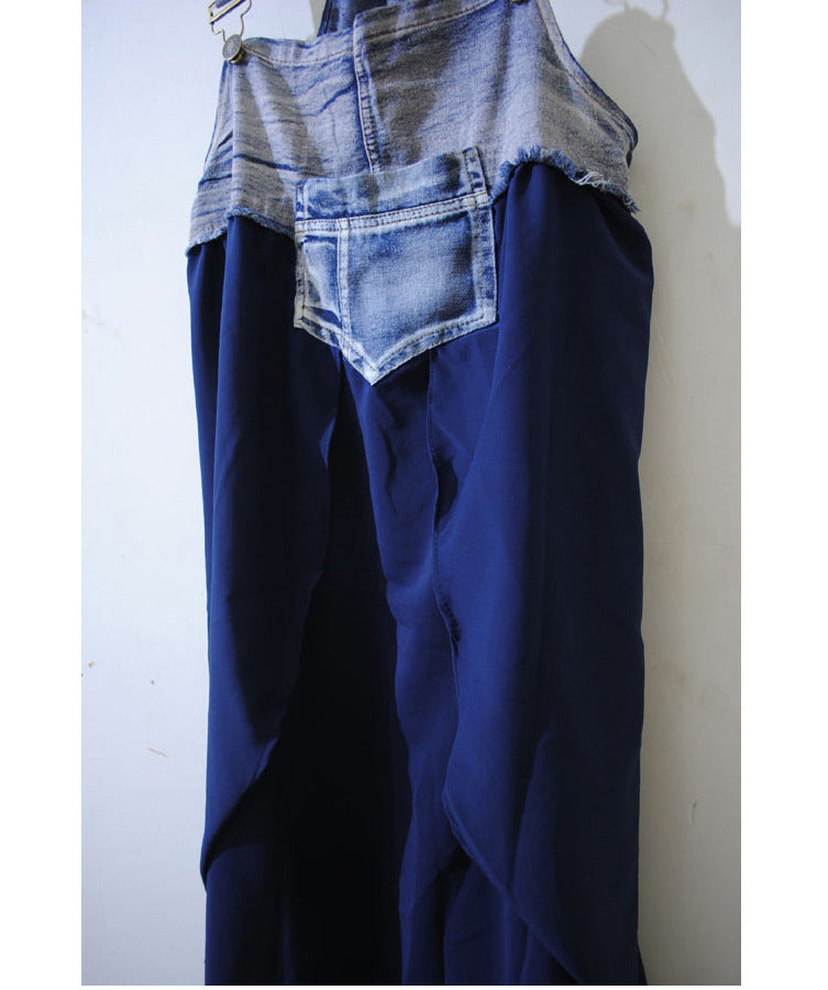 2024 Summer New Korean Style plus size Loose Fashionable Casual Denim Stitching Chiffon Strap Denim dress Women