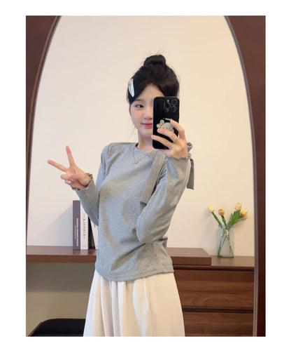 Bow Strap Long-sleeved Korean Style Chic Autumn and Winter New Top Sweet Pure Style Tight Waist Slim Fit Pleated Top