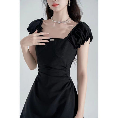 Black Waist-Cinching Slimming Square-Neck Dress for Women 2026 New Summer French Hepburn Style Elegant A-Line Short Skirt