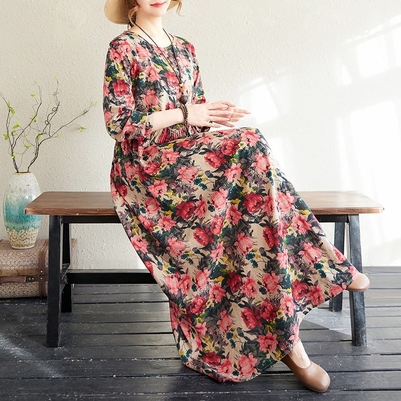 2025 Early Spring New Style Color Holiday Style Travel Crewneck Long Sleeve Retro Long Dress Women's Mat Covering Cotton and Linen dress