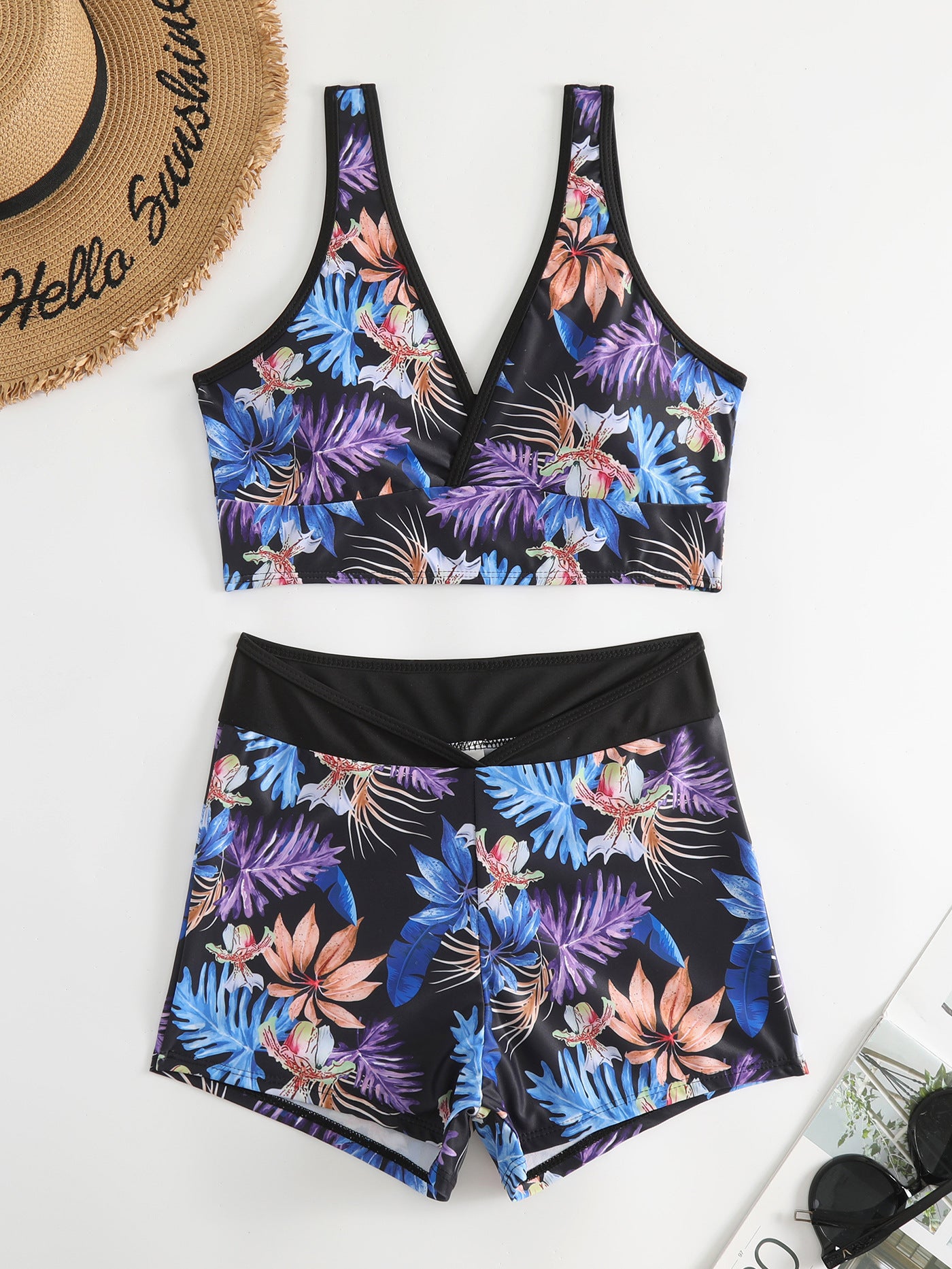 2024 New Cross-border Foreign Trade European and American Bikini Swimsuit Women's Split Two-piece Soft Cup High Waist Printed Swimsuit