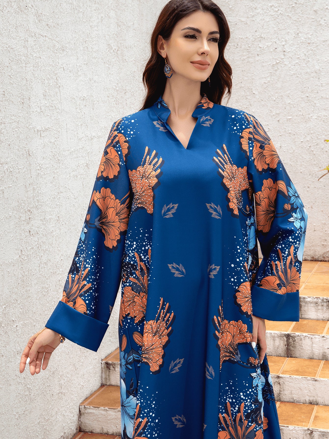 Sw0839 Middle Eastern Cross-Border Muslim Ladies Robe Printed Accessible Luxury Pearl Belt Jumabiya Dress