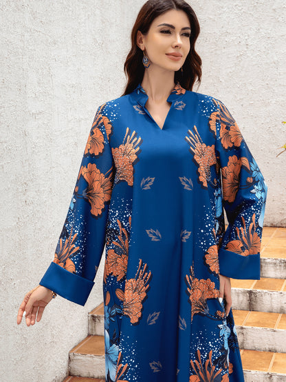 Sw0839 Middle Eastern Cross-Border Muslim Ladies Robe Printed Accessible Luxury Pearl Belt Jumabiya Dress