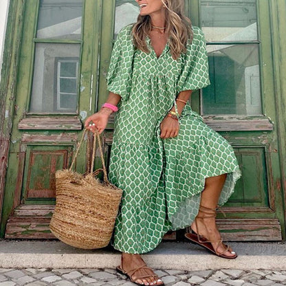 European and American Plus-Size Women's Loose-Fitting Bohemian Round-Neck Lantern-Sleeve Sweet Girl Dress Wholesale from Source Factory