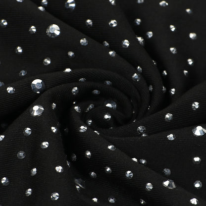 CM.YAYA Elegant Hot Rhinestones Diamonds Crystal Women Fur Hem Long Sleeve Bodycon Midi Dress Chic Party Club Even Prom Dresses