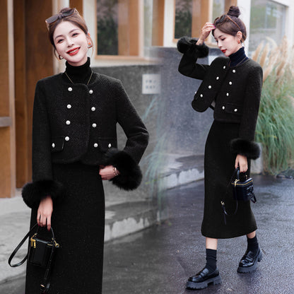 2024 Winter New Style Liner White Duck Down Jacket Real Hair Chanel Style suit Women's Light Luxury Socialite Skirt Two-piece Set
