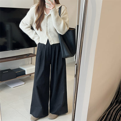 Sanding Thickened Flangable Wide Leg Pants Women's Autumn and Winter Washed Cotton Casual Pants Loose Lazy Slimming Wide Leg Pants