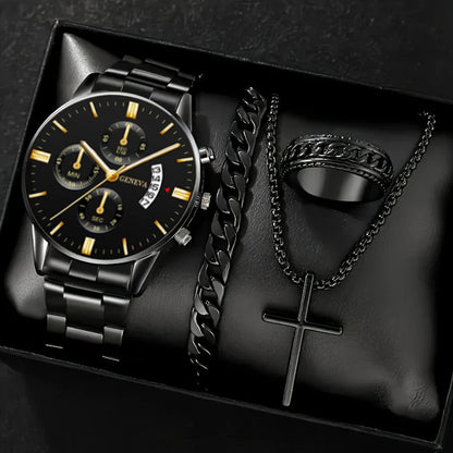 Men's 4-piece Luxury Stainless Steel Quartz Watch with Calendar Gold Cross Necklace Bracelet and Ring