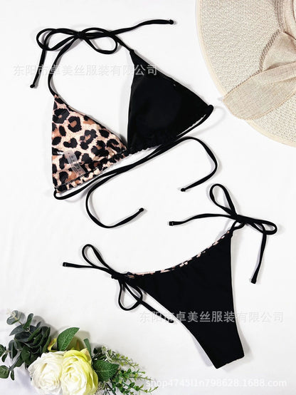 Cross-border new leopard print split women's swimwear sexy neck lace-up bikini backless triangle bag bikini wholesale