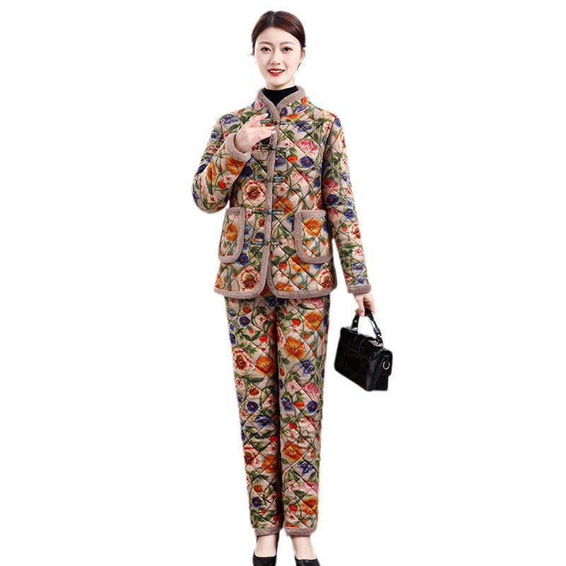 Chinese Style Mother's Winter New fleece-lined Thickened Cotton-padded Coat suit Middle-aged Women's Cotton-padded Clothes Cotton Pants Warm Two-piece Set