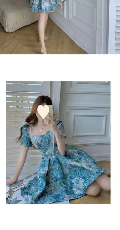 Floral dress Women's Summer French Style Elegant Short Waisted Skirt Niche Tutu Skirt Design Sense Sweet Puff Sleeve Skirt