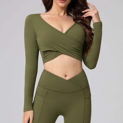 Feiyue European and American Sexy Cross Deep V Short Leaky Waist Solid Color Fitness Sports Leisure Long Sleeve Yoga Clothes Top for Women