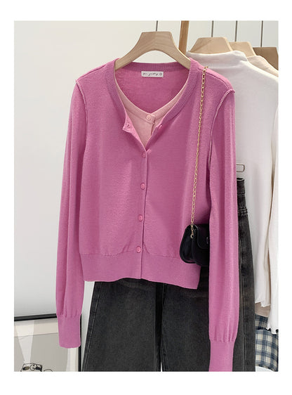 Beautiful V-neck Fake Two-piece Sleeve Knitted Cardigan Jacket Women's 2024 Autumn and Winter Western Style Unique Chic Slim Small Top