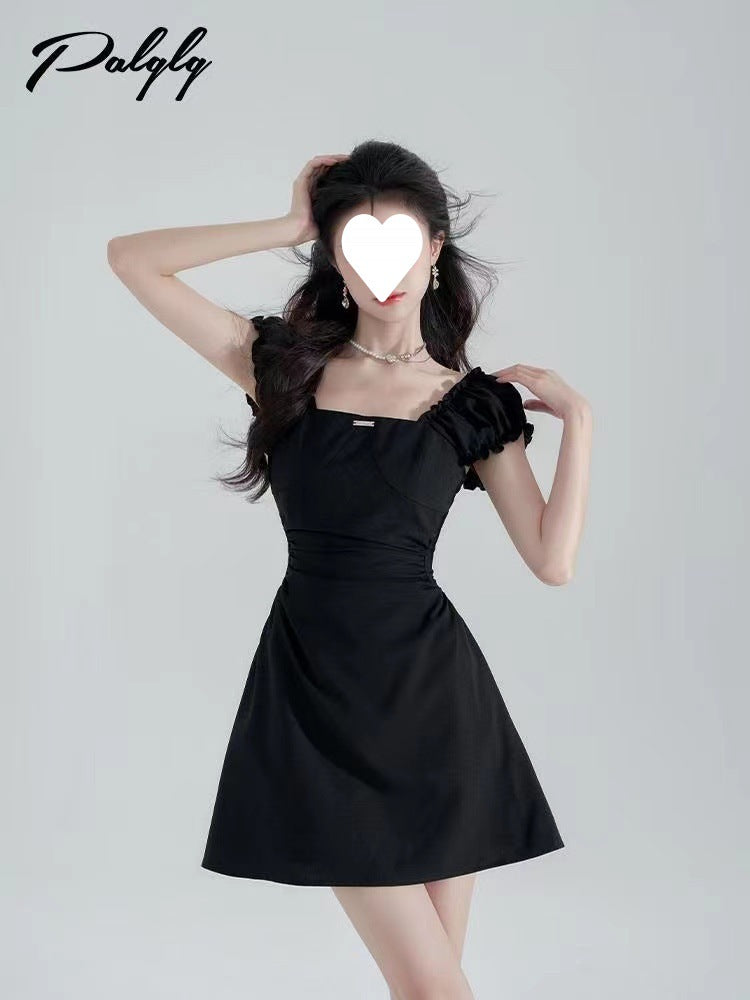 Black Waist-Cinching Slimming Square-Neck Dress for Women 2026 New Summer French Hepburn Style Elegant A-Line Short Skirt