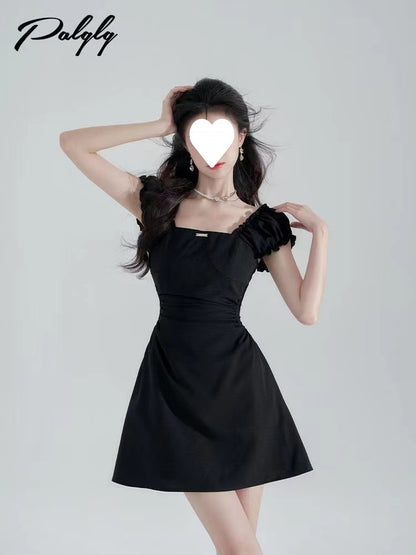 Black Waist-Cinching Slimming Square-Neck Dress for Women 2026 New Summer French Hepburn Style Elegant A-Line Short Skirt