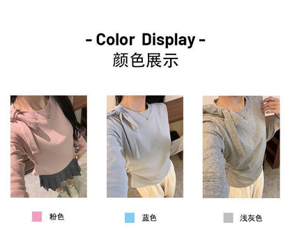 Bow Strap Long-sleeved Korean Style Chic Autumn and Winter New Top Sweet Pure Style Tight Waist Slim Fit Pleated Top