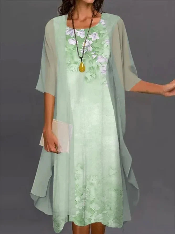 2024 European and American Amazon Summer Women's Casual dress Two-Piece Flower-Print Round Neck Slim-Fit Dress Women