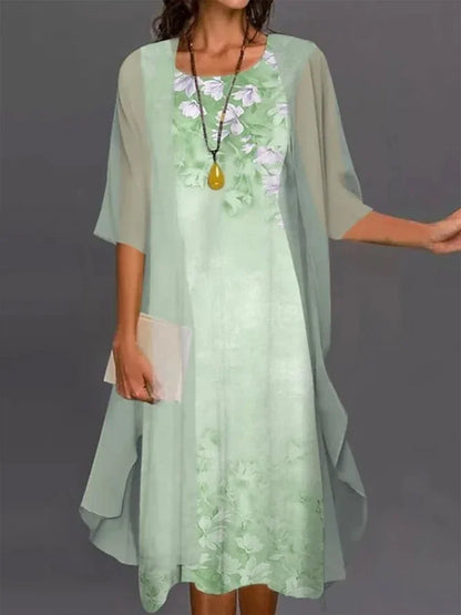2024 European and American Amazon Summer Women's Casual dress Two-Piece Flower-Print Round Neck Slim-Fit Dress Women
