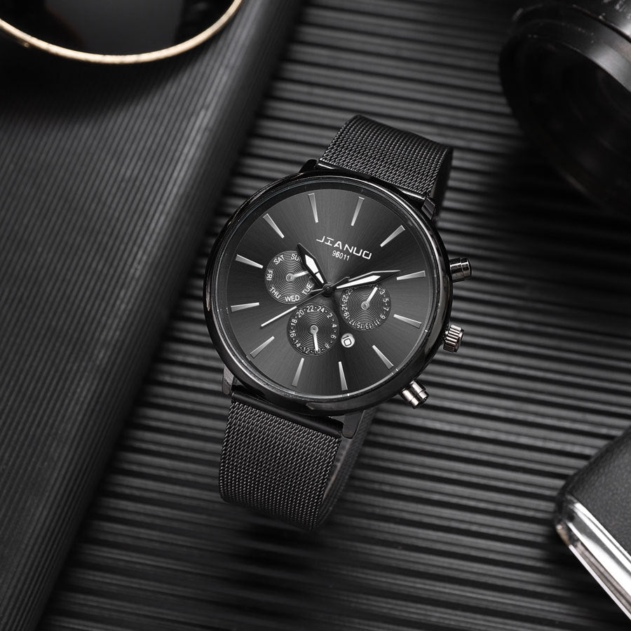 Korean Fashion Men's Mesh Band Watch Fashion Calendar Quartz Watch Business Casual Business Men's Cool Blue Watch