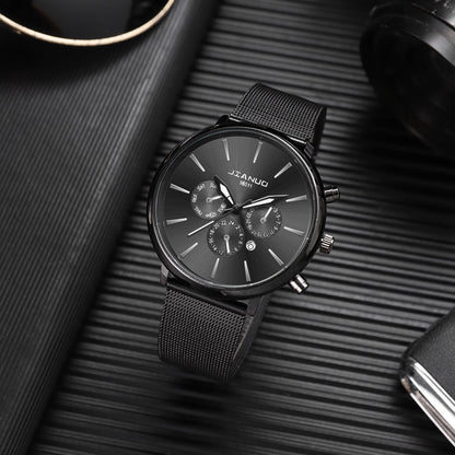 Korean Fashion Men's Mesh Band Watch Fashion Calendar Quartz Watch Business Casual Business Men's Cool Blue Watch