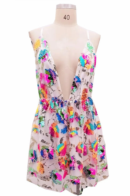 2023 Export Cross-Border Hot Selling Amazon Hot Selling Sexy Deep V Backless Sequined Floral Lace Women's Sexy Short Clothing