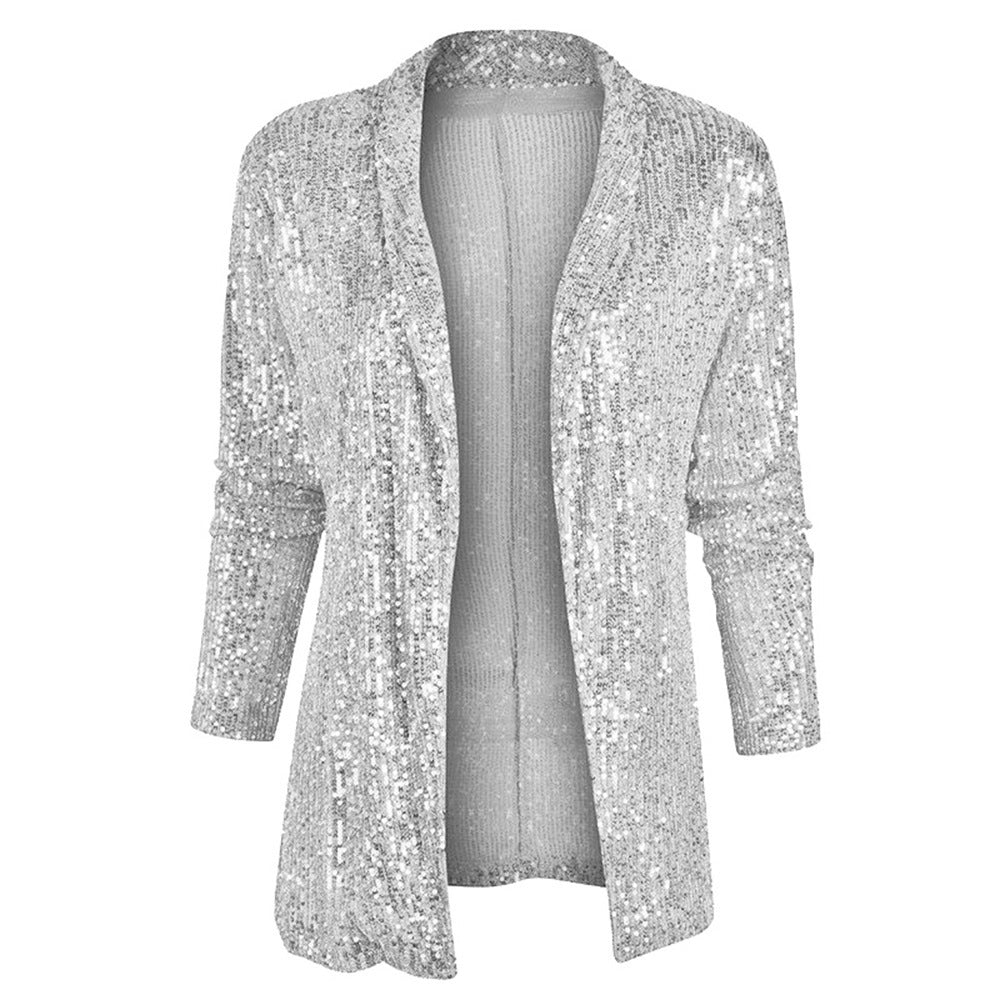 Cross-Border New European and American Amazon Sequined Long-Sleeved Elegant Mid-Length Small Suit Lapel Pure Color Jacket for Women