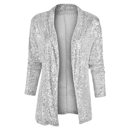 Cross-Border New European and American Amazon Sequined Long-Sleeved Elegant Mid-Length Small Suit Lapel Pure Color Jacket for Women