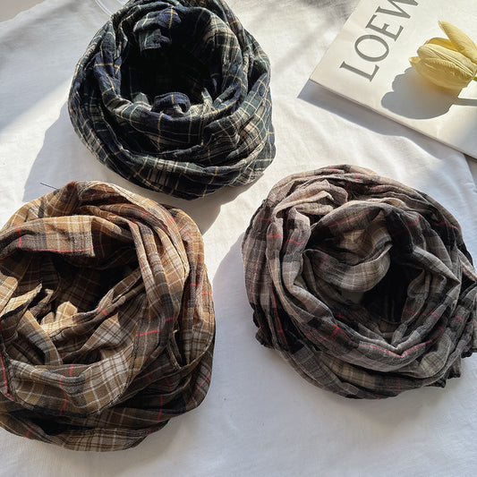 100% Pure Cotton Artistic Plaid Scarf Four Seasons Japanese Style All-match Neck Protector Long Thin Scarf Women's Summer Scarf