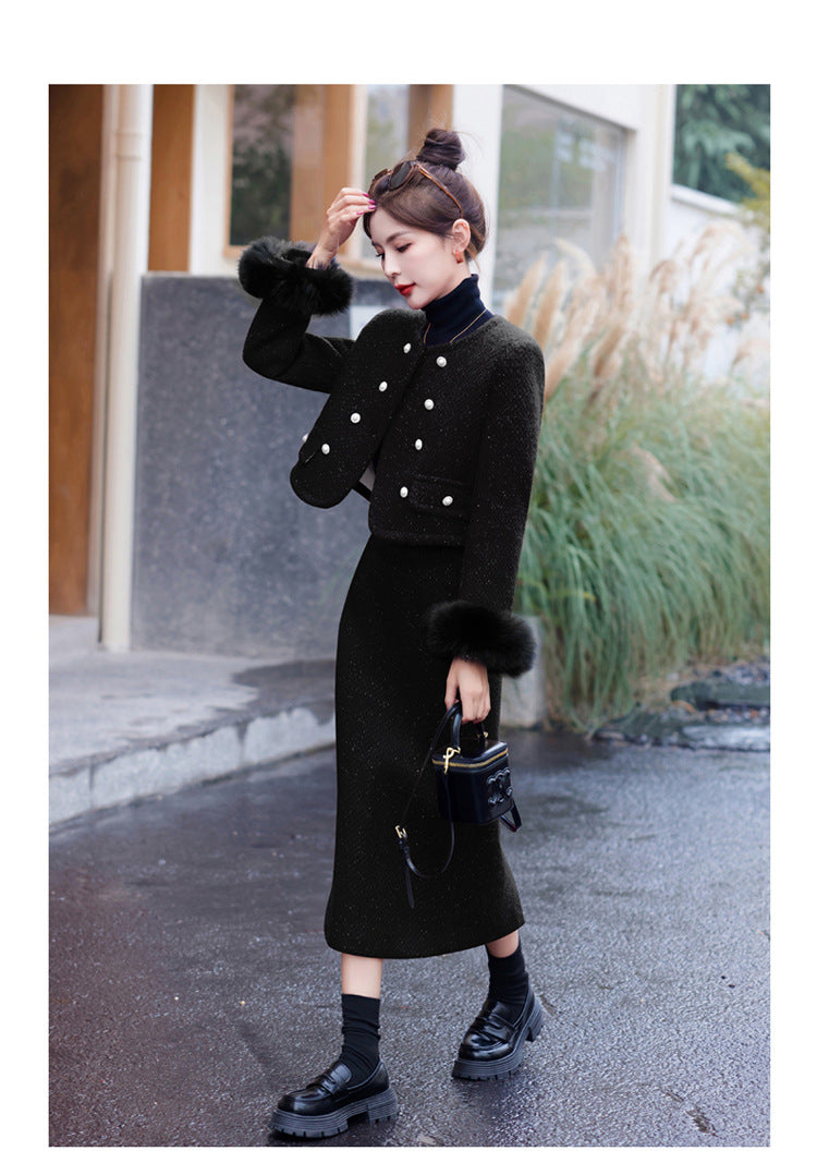 2024 Winter New Style Liner White Duck Down Jacket Real Hair Chanel Style suit Women's Light Luxury Socialite Skirt Two-piece Set