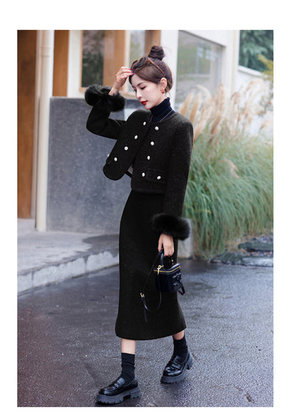 2024 Winter New Style Liner White Duck Down Jacket Real Hair Chanel Style suit Women's Light Luxury Socialite Skirt Two-piece Set