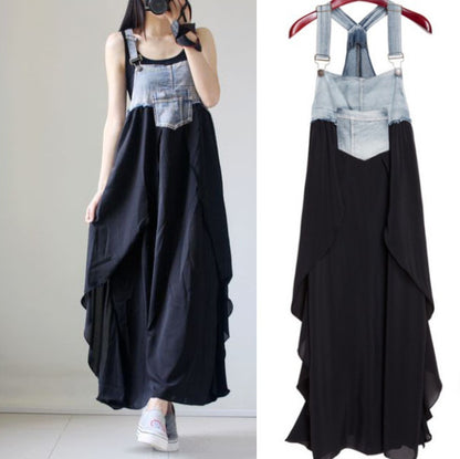 2024 Summer New Korean Style plus size Loose Fashionable Casual Denim Stitching Chiffon Strap Denim dress Women