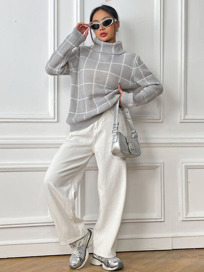 Contrast Color Mesh Woven Shirt Women's Pullover Top Cross-border European and American Women's Fashion Base Shirt Turtleneck Sweater