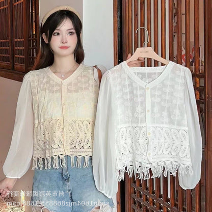 Spring and Summer All-match Sunscreen Stitching Chiffon Cardigan Long-sleeved Puff-sleeved Women's Niche Top Loose Western-style Coat