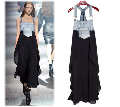 2024 Summer New Korean Style plus size Loose Fashionable Casual Denim Stitching Chiffon Strap Denim dress Women
