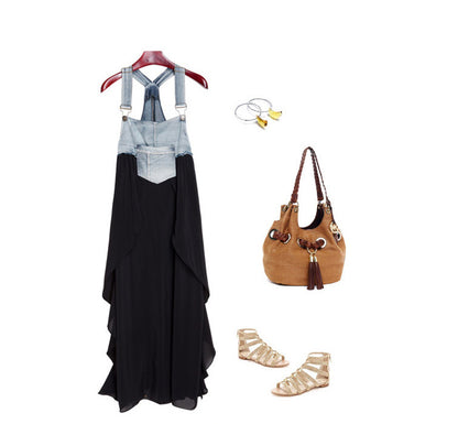 2024 Summer New Korean Style plus size Loose Fashionable Casual Denim Stitching Chiffon Strap Denim dress Women