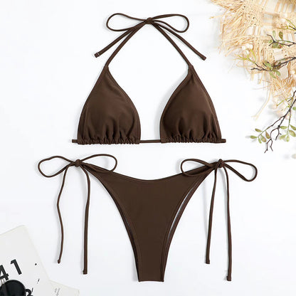 European and American Solid Color Split Swimsuit Women's Sexy Bikini Cross-border Hot Tight Gather Deep V High-end Swimsuit Women