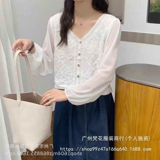 Spring and Summer All-match Sunscreen Stitching Chiffon Cardigan Long-sleeved Puff-sleeved Women's Niche Top Loose Western-style Coat