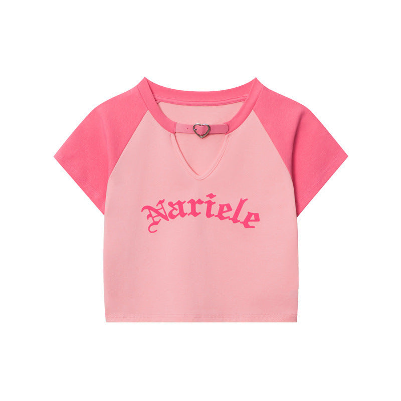 HeyHenry European and American Spice Girls Fashion Hollow Design Letter Print Contrast Color Short-sleeved T-shirt Women's Navel Top