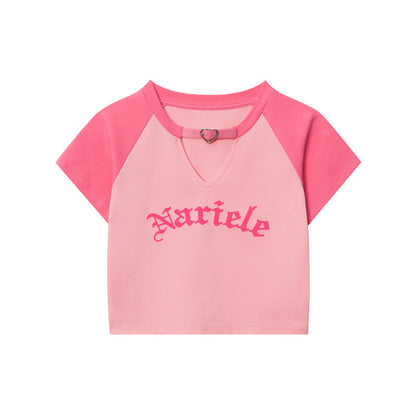 HeyHenry European and American Spice Girls Fashion Hollow Design Letter Print Contrast Color Short-sleeved T-shirt Women's Navel Top